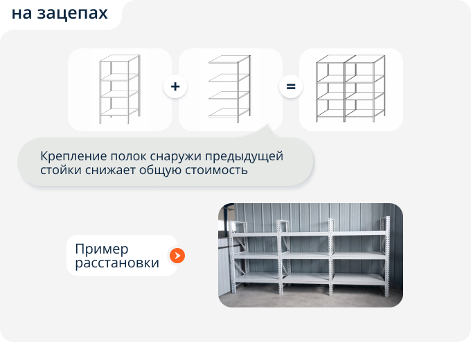 Расстановка стеллажей на зацепах в ряд
